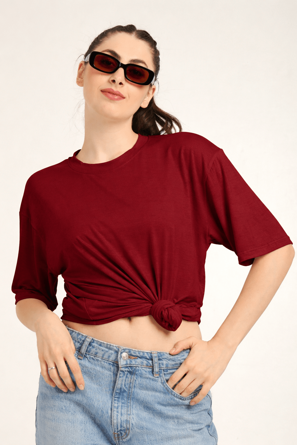Women Oversized Bamboo Plain T-Shirt – Soft, Breathable & Sustainable – Womens T-Shirt on Brown Living™. SKU: W-PLAIN-OVERSIZ-MRON-M. Img 11.