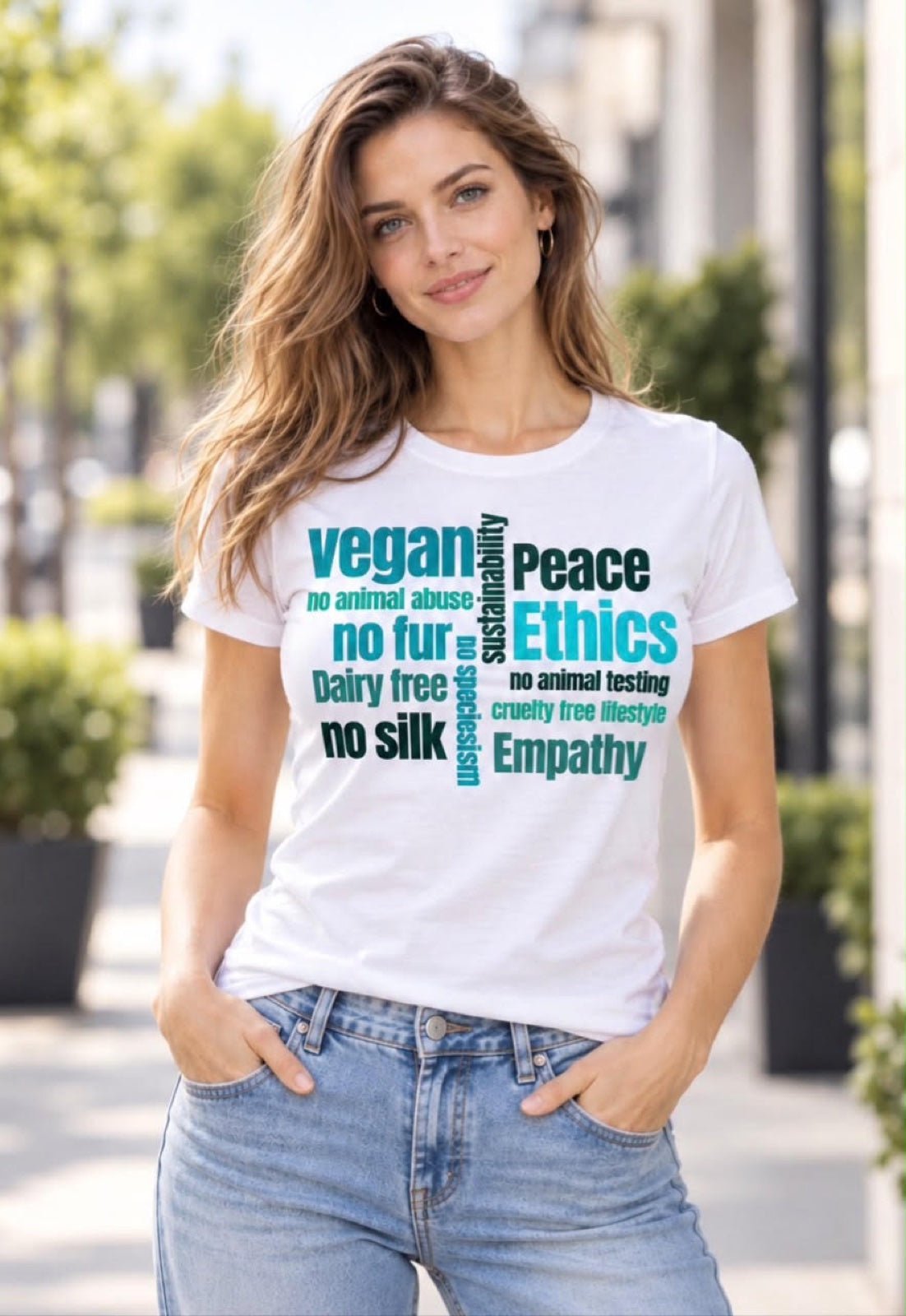 Women's Cotton T-Shirt with Vegan Word Art – Womens T-Shirt on Brown Living™. SKU: peaceEthicsWhiteFSWS. Img 1.