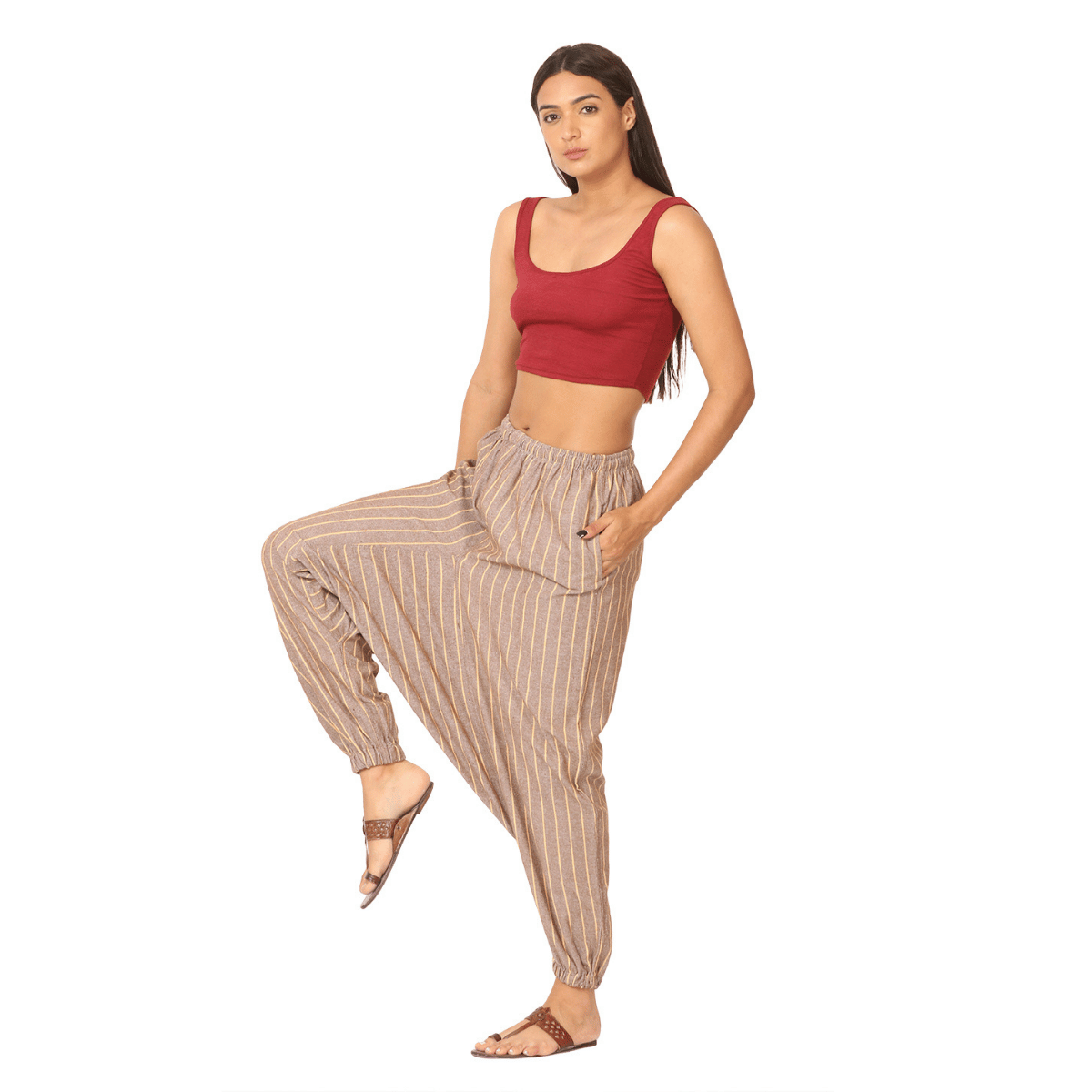 Women's Harem Pant | Brown Stripes | Fits Waist Size 28" to 36" – Womens Pants by Hope - House of Pure Eco available on Brown Living™. . SKU: BT1029. Img 6.