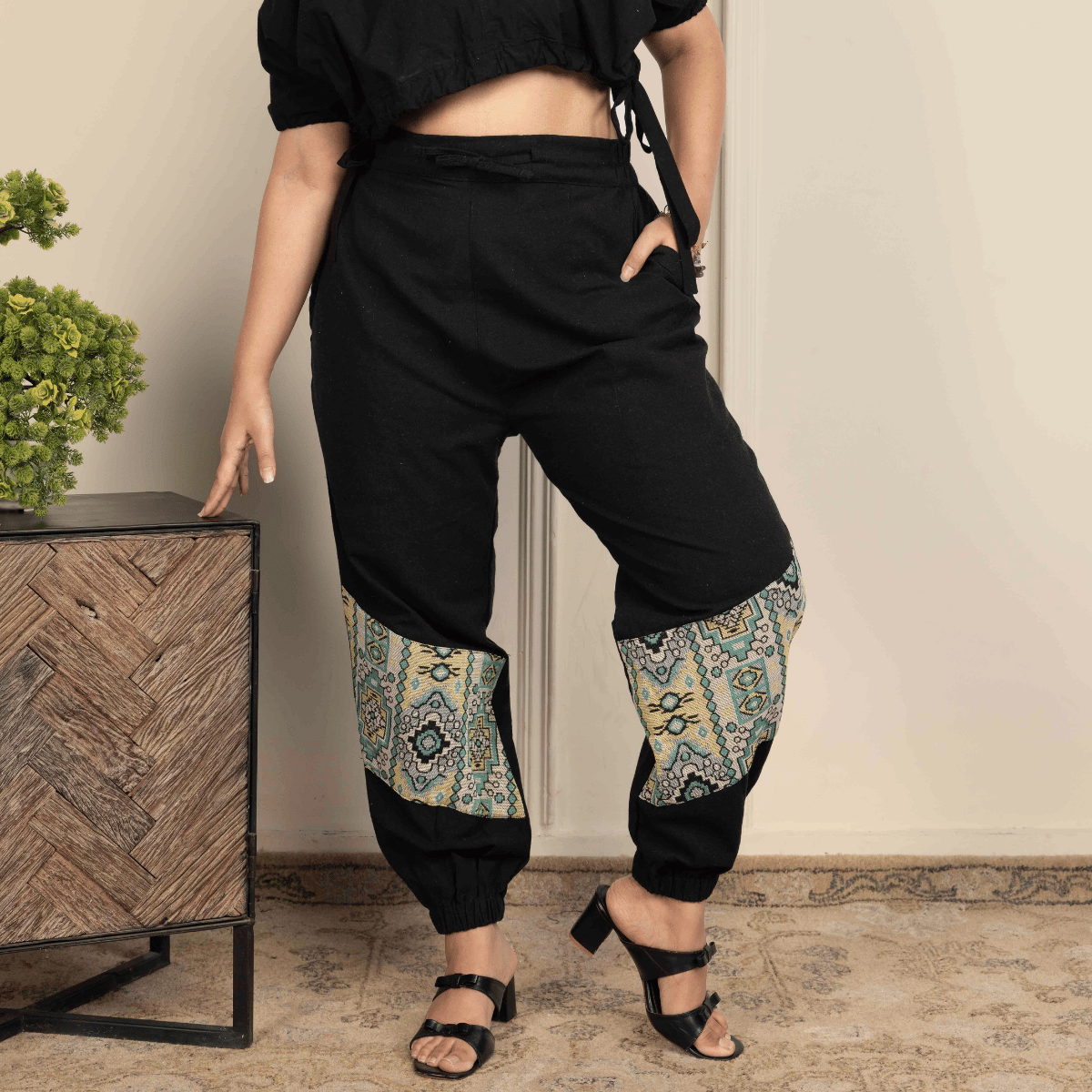 Women's Hopper Joggers | Black With Patterned Patch | Fits Waist Sizes 30 to 38 Inches – Womens Pants by Hope - House of Pure Eco available on Brown Living™. . SKU: H - 2_w15. Img 1.