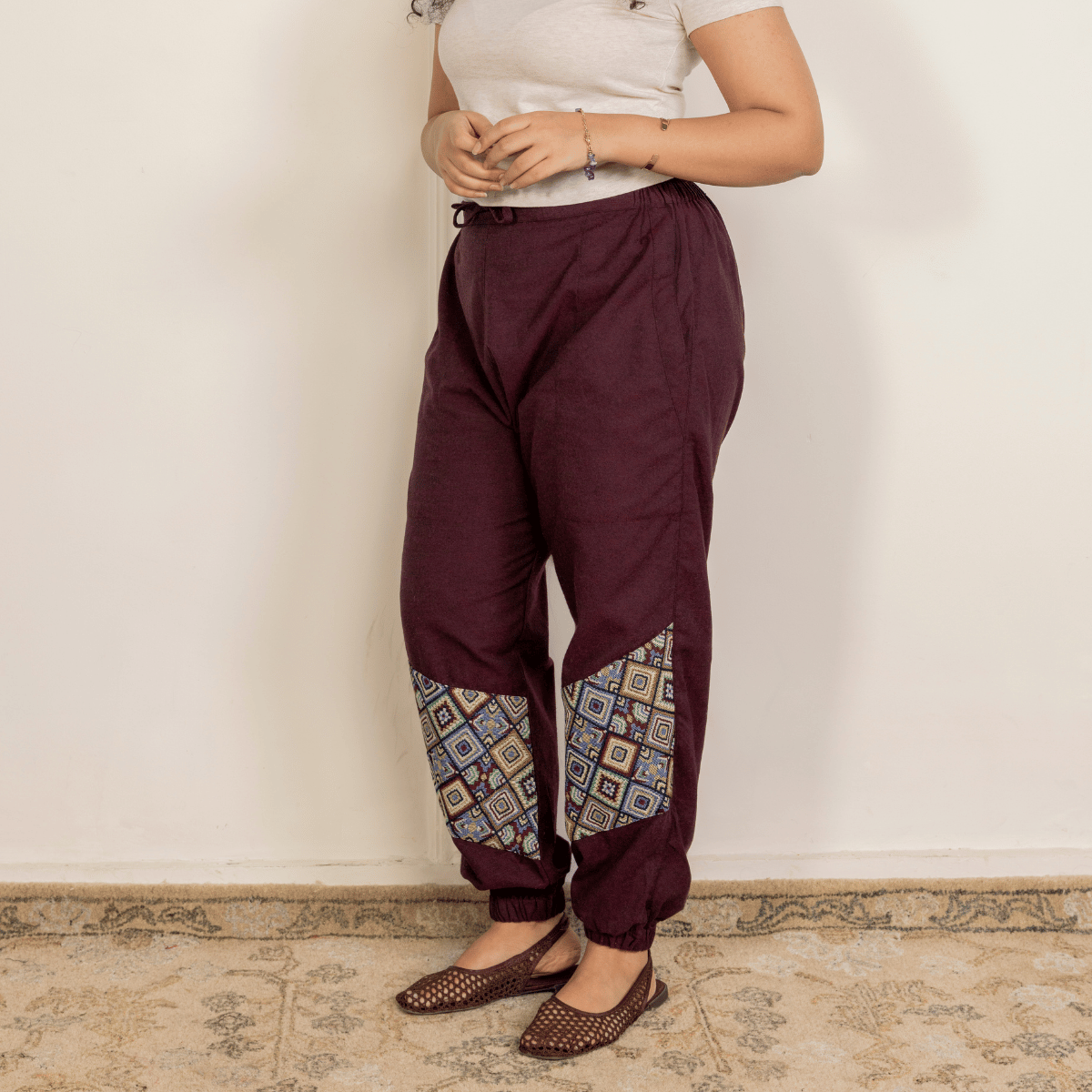 Women's Hopper Joggers | Maroon With Patterned Patchwork | Fits Waist Sizes 30 to 38 Inches – Womens Pants by Hope - House of Pure Eco available on Brown Living™. . SKU: H - 2_w14. Img 6.