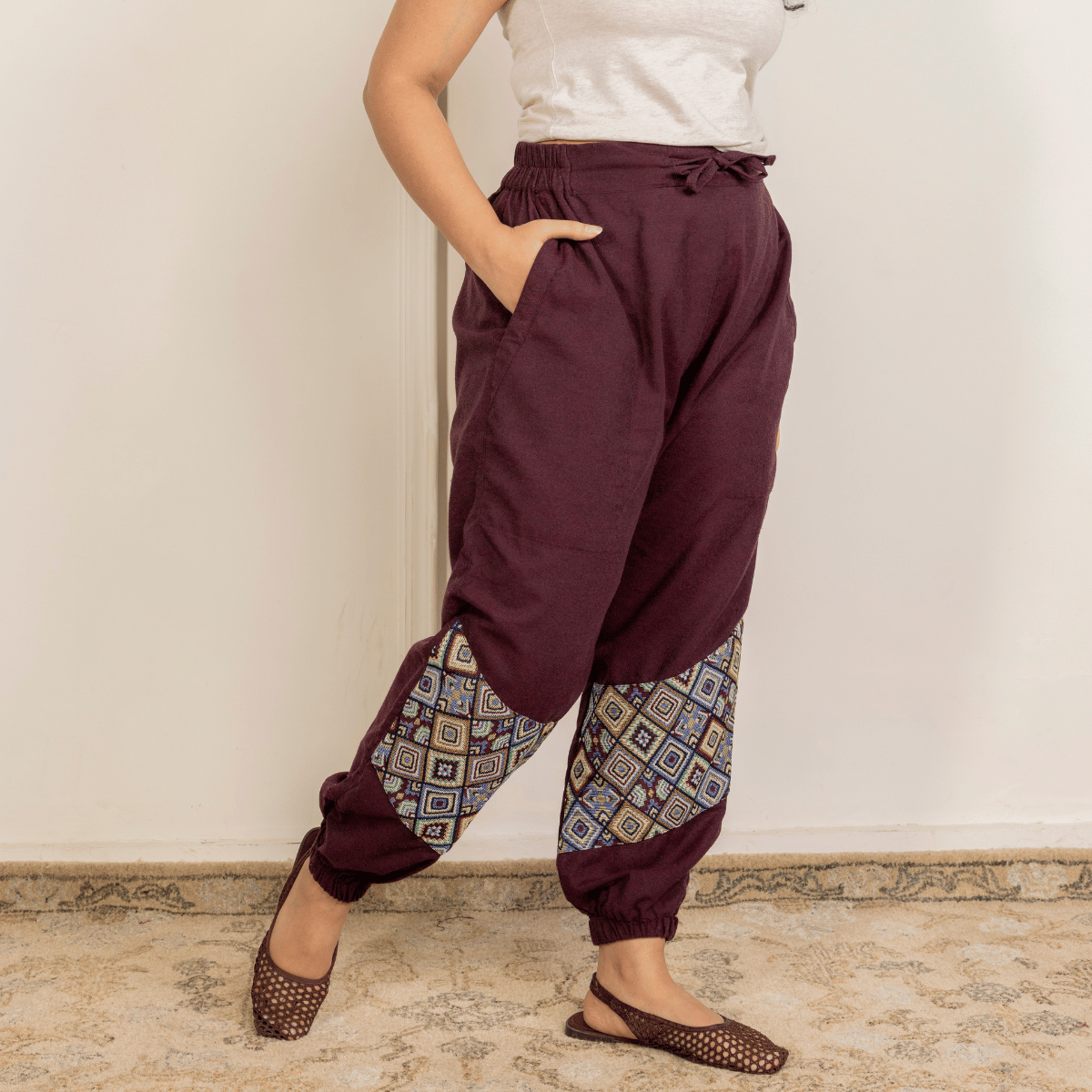 Women's Hopper Joggers | Maroon With Patterned Patchwork | Fits Waist Sizes 30 to 38 Inches – Womens Pants by Hope - House of Pure Eco available on Brown Living™. . SKU: H - 2_w14. Img 5.