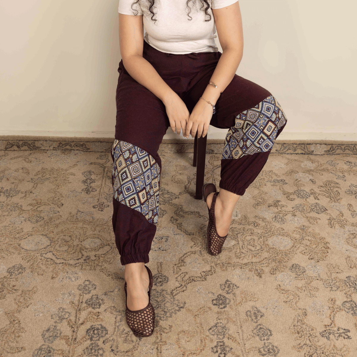 Women's Hopper Joggers | Maroon With Patterned Patchwork | Fits Waist Sizes 30 to 38 Inches – Womens Pants by Hope - House of Pure Eco available on Brown Living™. . SKU: H - 2_w14. Img 4.