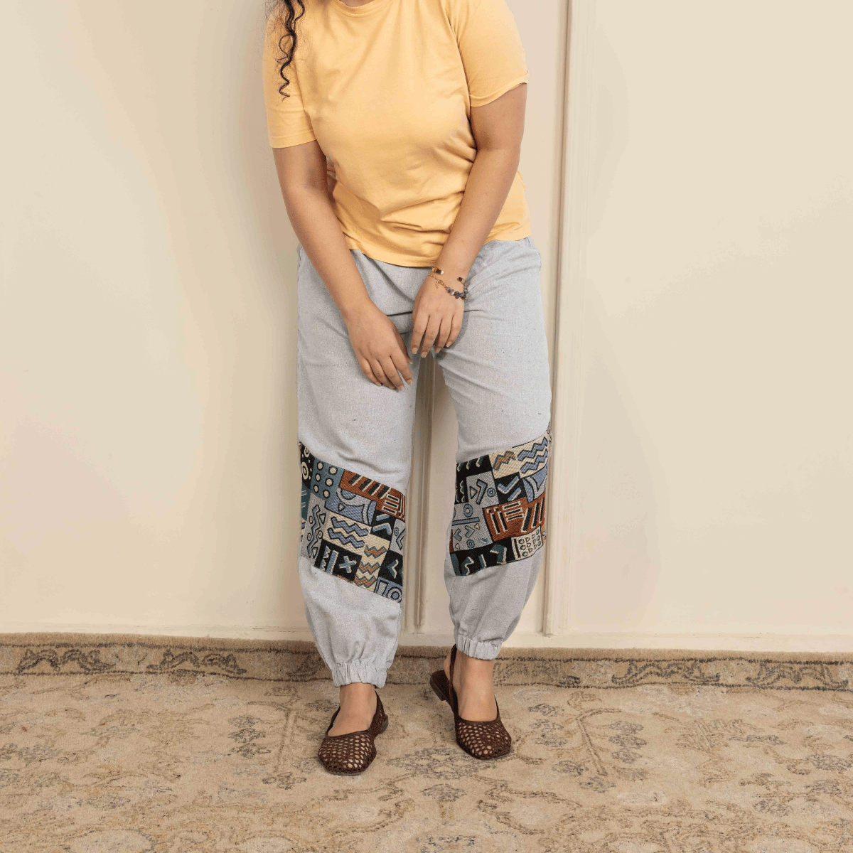 Women's Hopper Joggers | Melange Grey With Patterned Patchwork| Fits Waist Sizes 30 to 38 Inches – Womens Pants by Hope - House of Pure Eco available on Brown Living™. . SKU: H - 2_w17. Img 1.