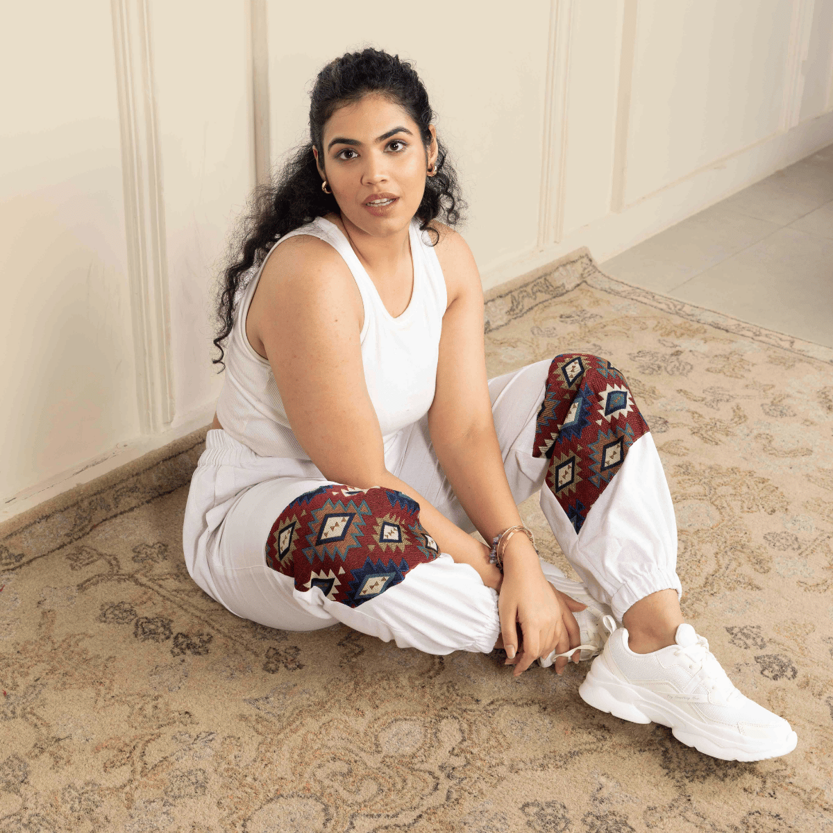 Women's Hopper Joggers | White With Patterned Patchwork | Fits Waist Sizes 30 to 38 Inches – Womens Pants by Hope - House of Pure Eco available on Brown Living™. . SKU: H - 2_wWhite. Img 5.