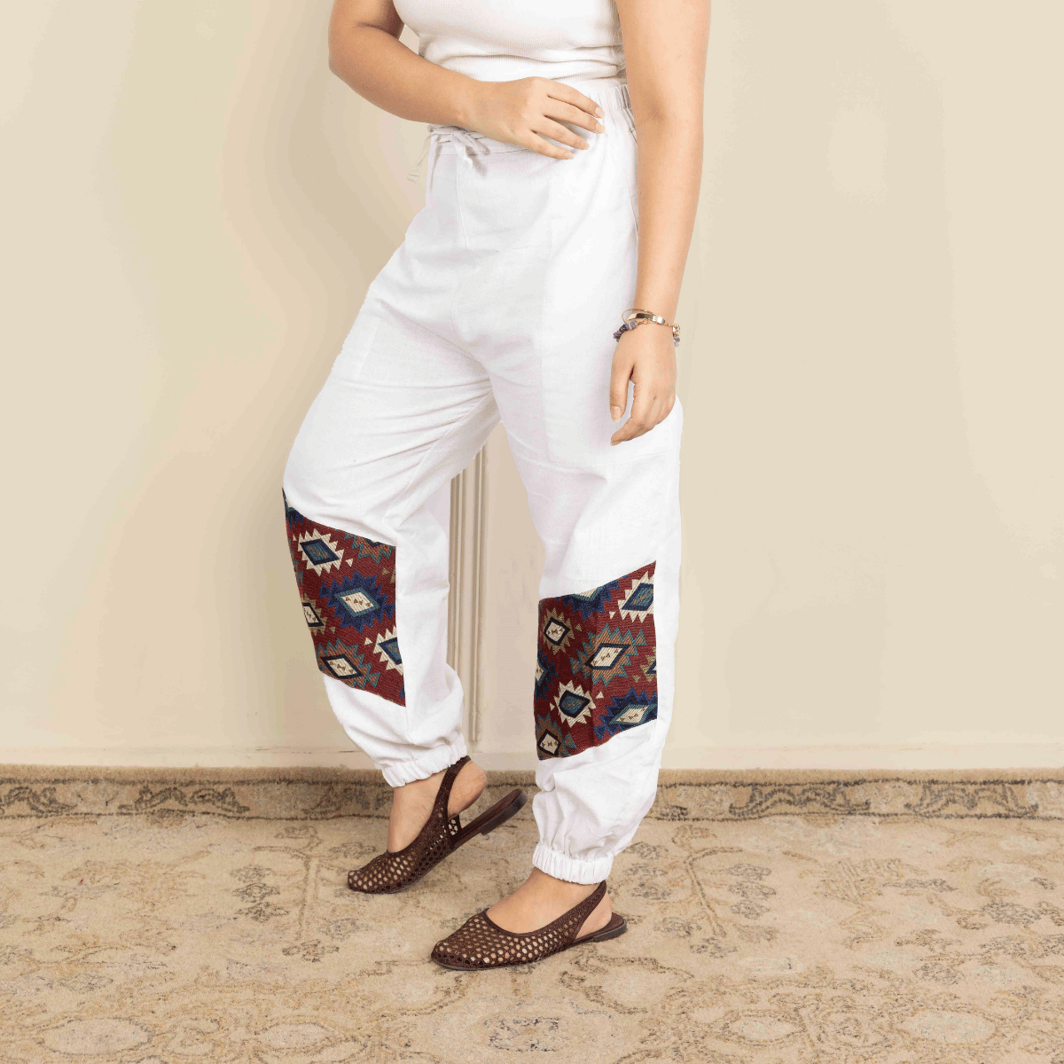 Women's Hopper Joggers | White With Patterned Patchwork | Fits Waist Sizes 30 to 38 Inches – Womens Pants by Hope - House of Pure Eco available on Brown Living™. . SKU: H - 2_wWhite. Img 6.
