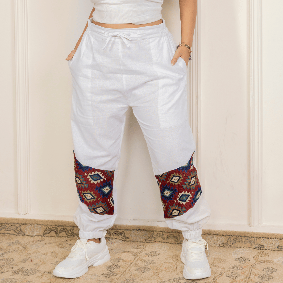 Women's Hopper Joggers | White With Patterned Patchwork | Fits Waist Sizes 30 to 38 Inches – Womens Pants by Hope - House of Pure Eco available on Brown Living™. . SKU: H - 2_wWhite. Img 1.
