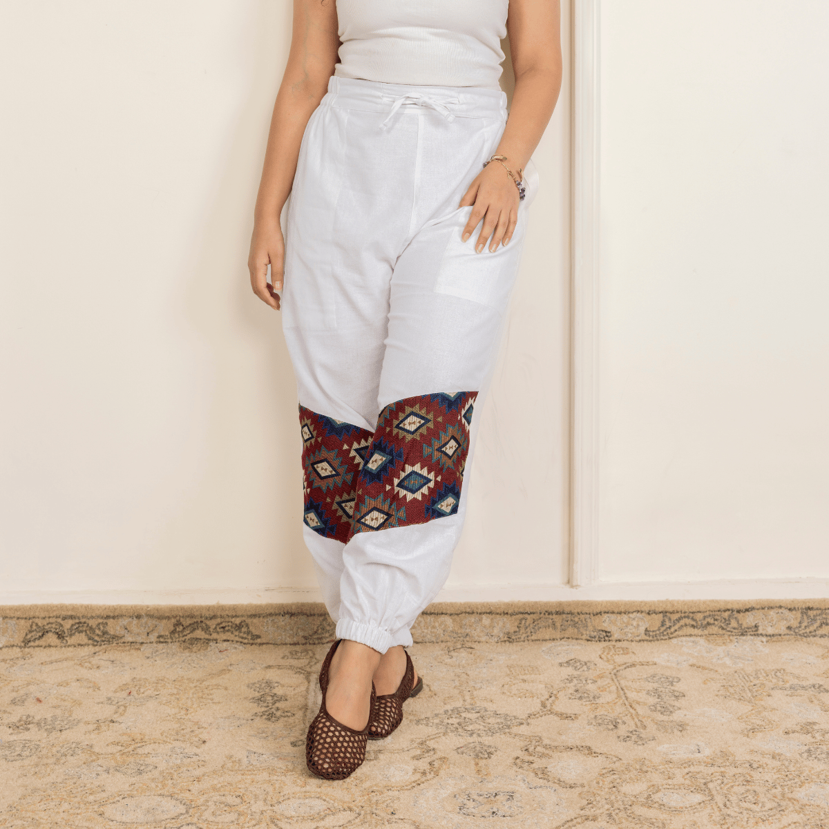 Women's Hopper Joggers | White With Patterned Patchwork | Fits Waist Sizes 30 to 38 Inches – Womens Pants by Hope - House of Pure Eco available on Brown Living™. . SKU: H - 2_wWhite. Img 7.