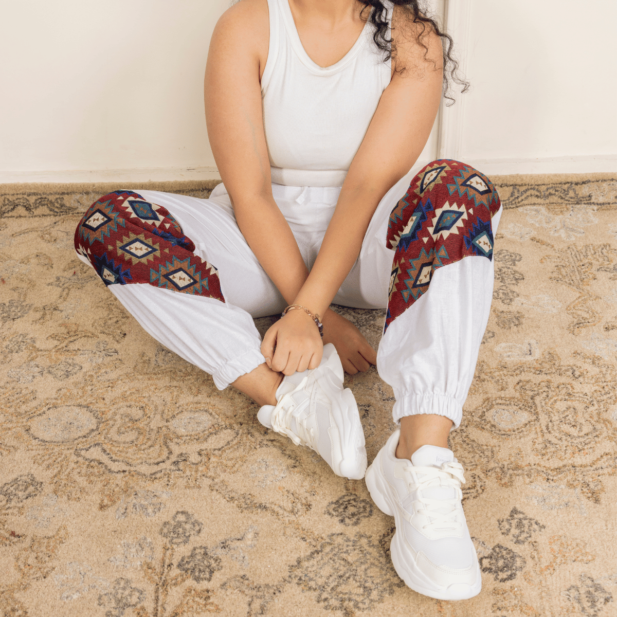 Women's Hopper Joggers | White With Patterned Patchwork | Fits Waist Sizes 30 to 38 Inches – Womens Pants by Hope - House of Pure Eco available on Brown Living™. . SKU: H - 2_wWhite. Img 2.