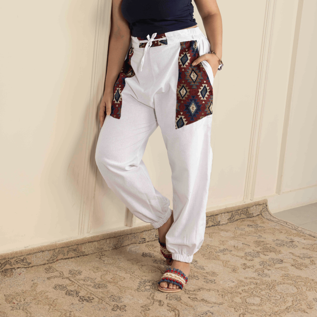 Women's Hopper Joggers | White With Pocket Patch| Fits Waist Sizes 30 to 38 Inches – Womens Pants by Hope - House of Pure Eco available on Brown Living™. . SKU: H - 1_wWhite. Img 6.