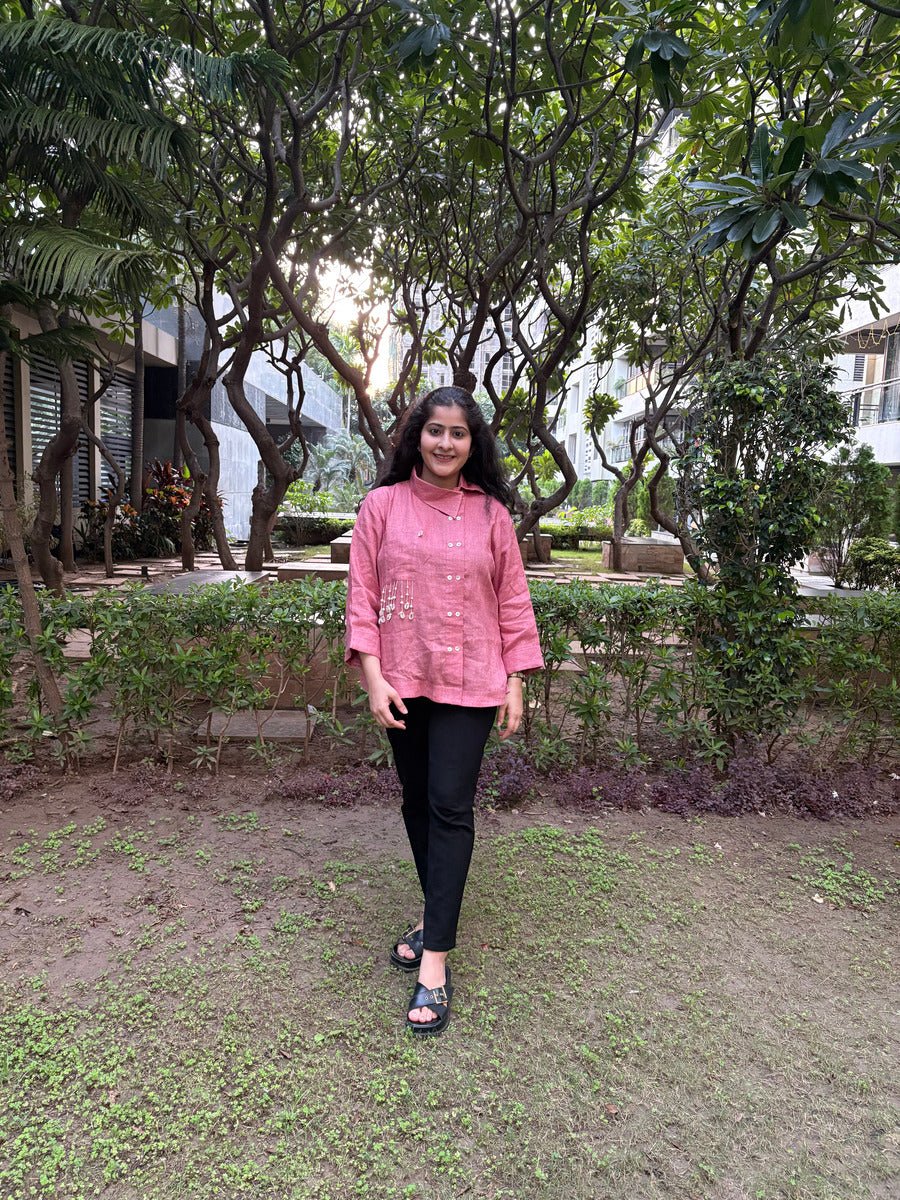 Women’s Pink Pearl Linen Shirt – Womens Blouse on Brown Living™. SKU: TCC-SW25-010-XS. Img 1.