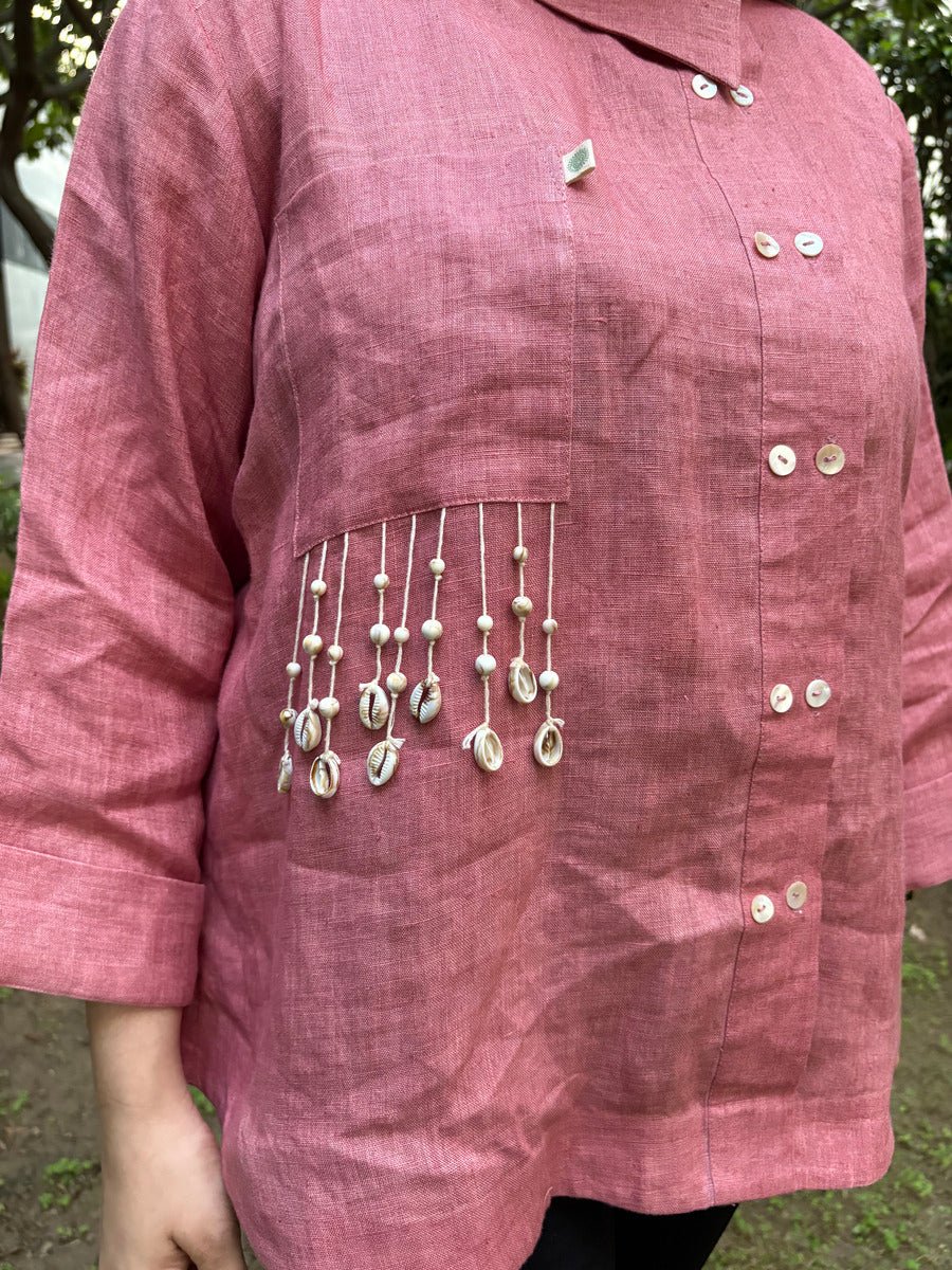 Women’s Pink Pearl Linen Shirt – Womens Blouse on Brown Living™. SKU: TCC-SW25-010-XS. Img 3.