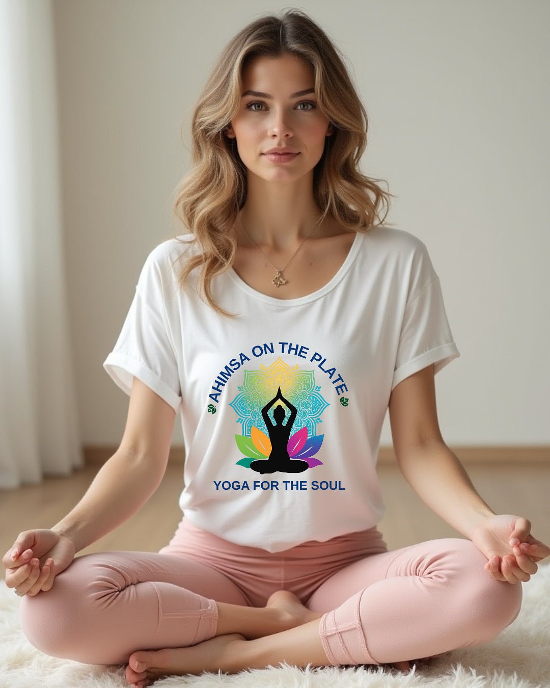 Women’s White Cotton T-Shirt | Relaxed Fit Yoga & Vegan Graphic Tee – Womens T-Shirt on Brown Living™. SKU: N-ahimsa-on-the-plate-yoga-for-the-soul-White-S. Img 1.