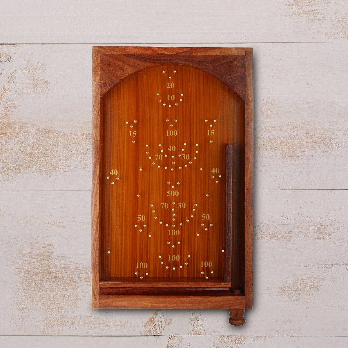 Wooden Handcrafted Traditional Bagatelle Pinball Game (14" X 8" X 3") – Learning & Educational Toys on Brown Living™. SKU: BLSC1136. Img 1.
