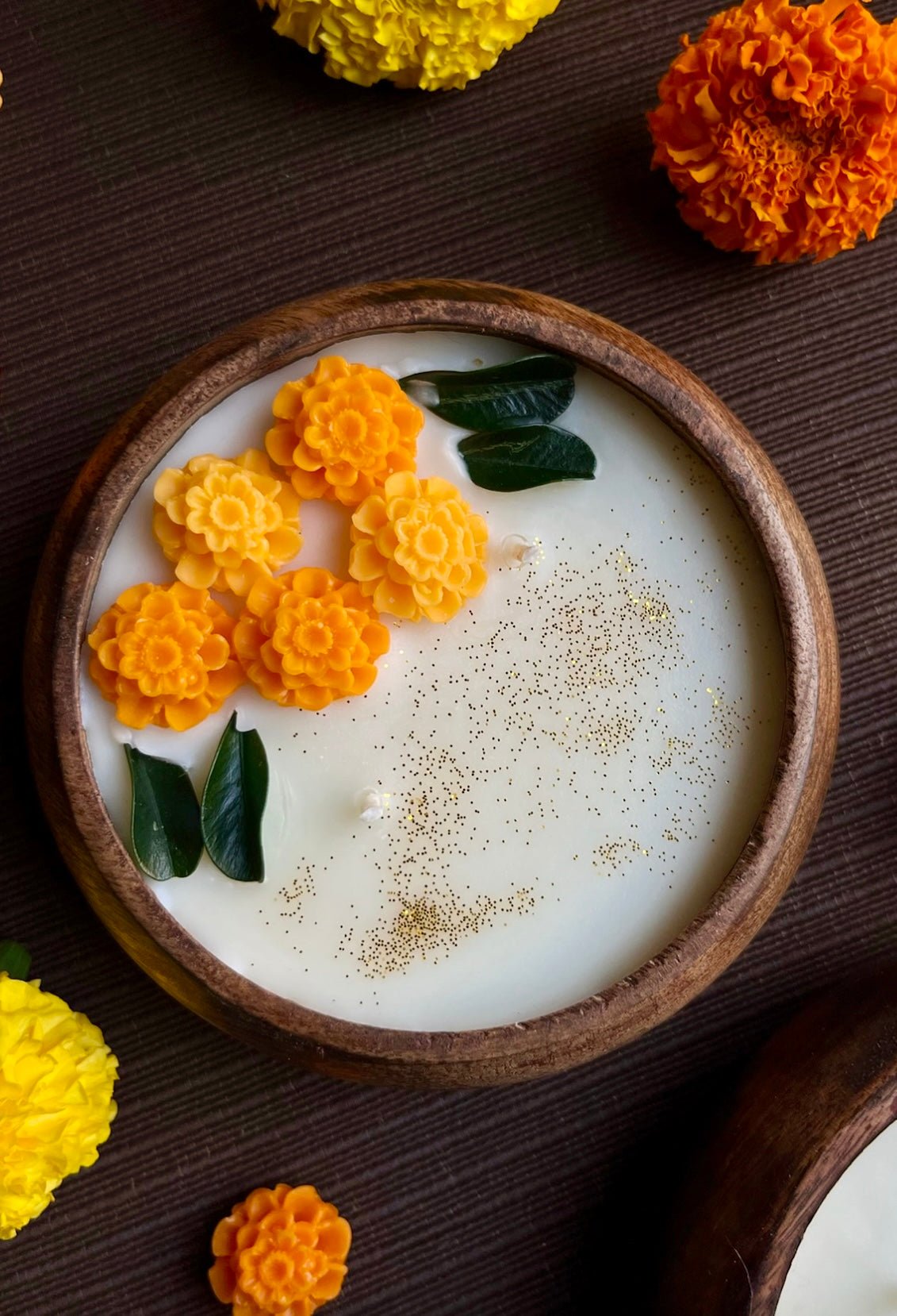 Wooden Marigold Urli | Handcrafted Decorative Bowl for Home Décor – Candles & Fragrances on Brown Living™. SKU: WMU1002. Img 2.