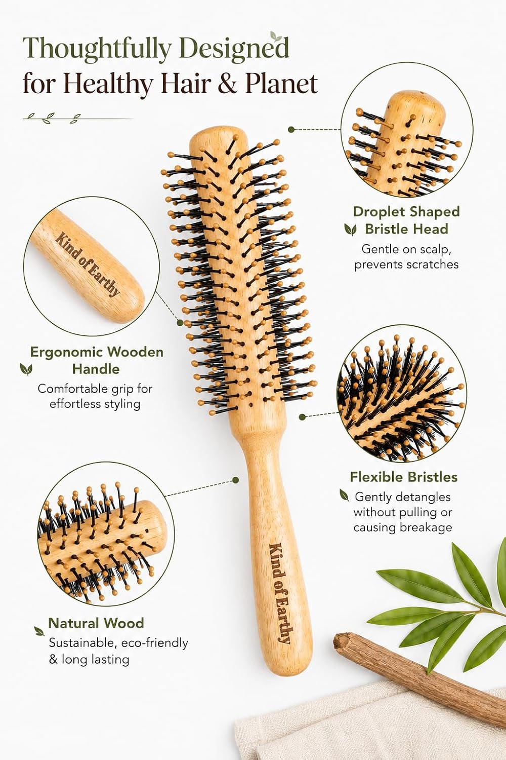Wooden Round Brush with Flexible Bristles – Hair Brush on Brown Living™. SKU: KOE013-RHB. Img 2.