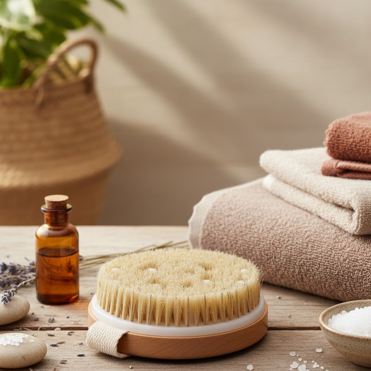 Wooden Round Dry Brush with Massager | Dual - Action Body Brush – Body Scrub on Brown Living™. SKU: KOE-020-RB. Img 1.