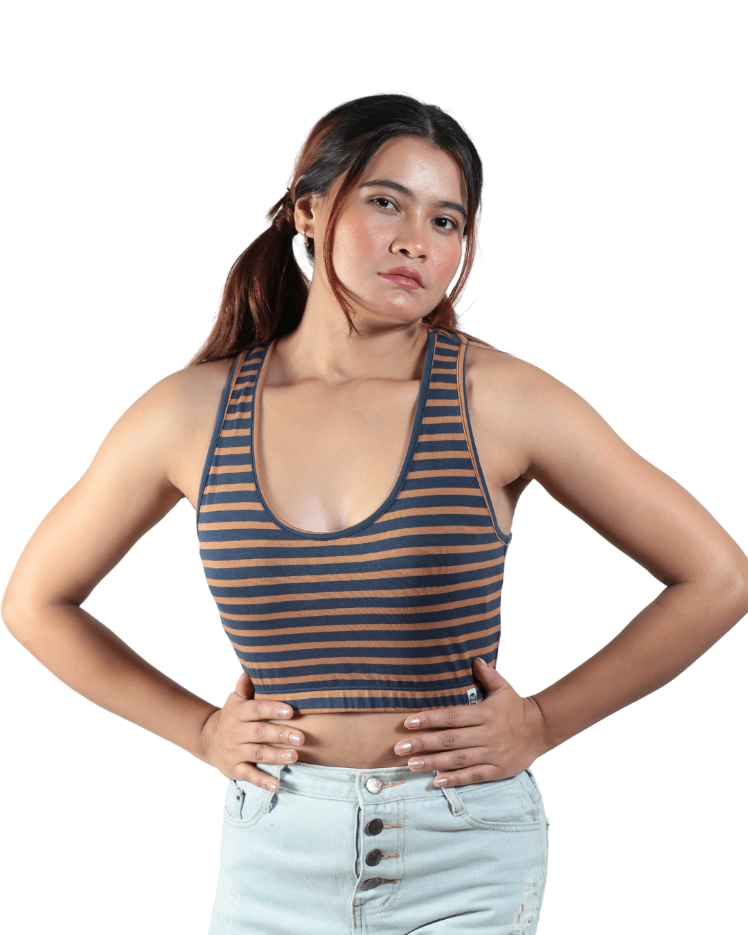 Woodland Striped Bralette | Handcrafted Sustainable Cotton Bralette – Womens Top on Brown Living™. SKU: 008RACERBACKBRWNNAVYSTRIPEXS. Img 11.