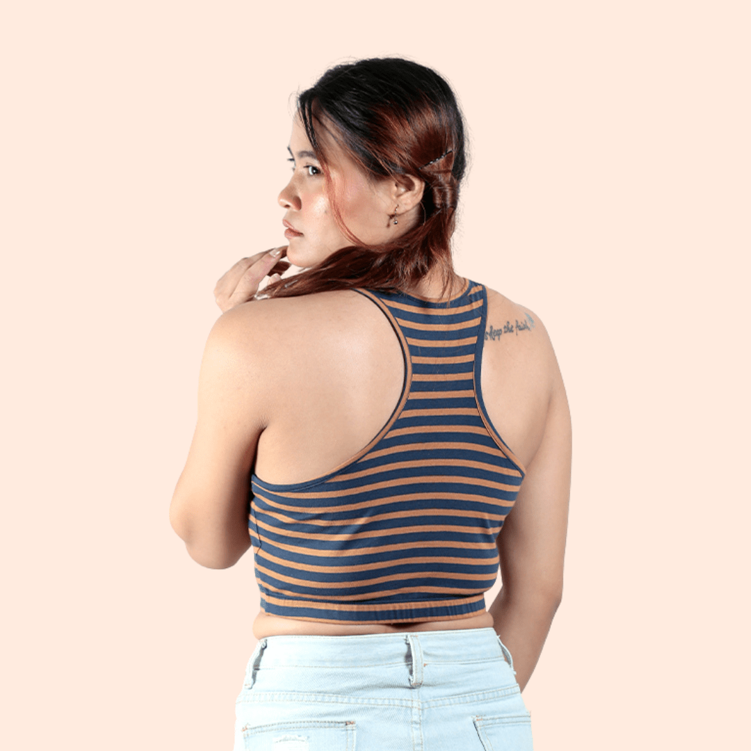 Woodland Striped Bralette | Handcrafted Sustainable Cotton Bralette – Womens Top on Brown Living™. SKU: 008RACERBACKBRWNNAVYSTRIPEXS. Img 7.