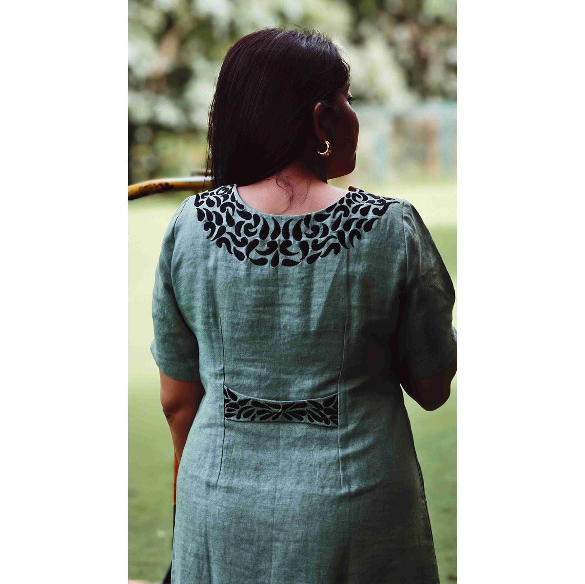 Yamika Handloom Linen Dress with Black Embroidery – Womens Dress on Brown Living™. SKU: HD1011GXSN. Img 2.