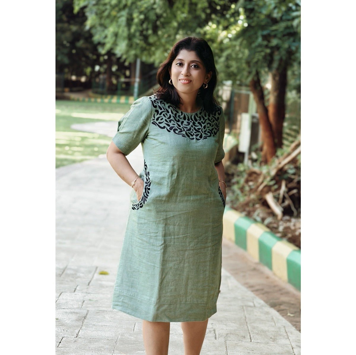 Yamika Handloom Linen Dress with Black Embroidery – Womens Dress on Brown Living™. SKU: HD1011GXSN. Img 1.