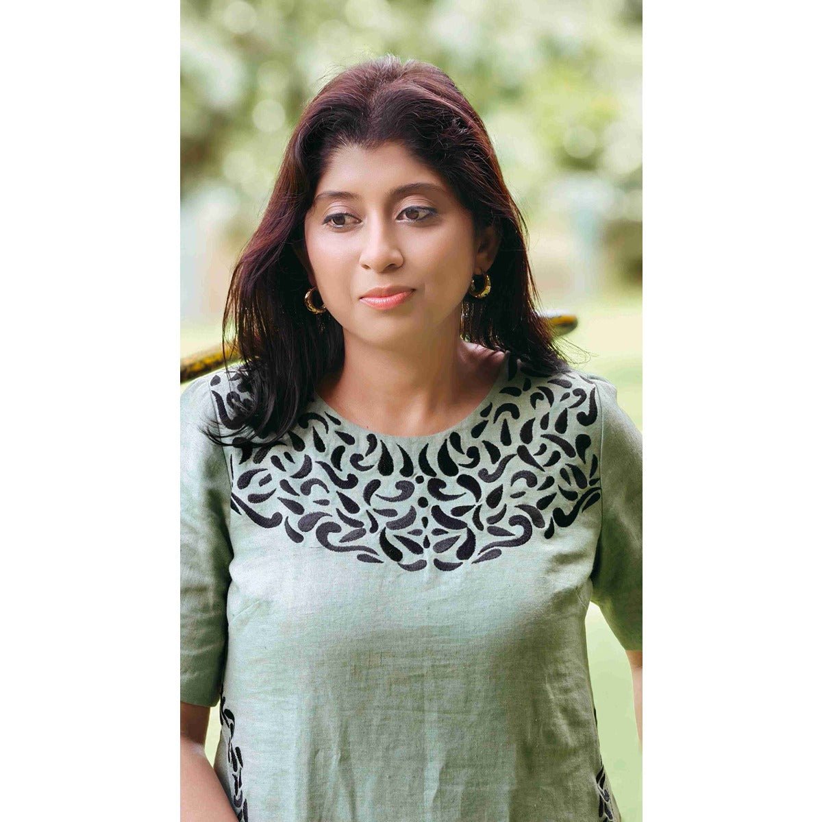 Yamika Handloom Linen Dress with Black Embroidery – Womens Dress on Brown Living™. SKU: HD1011GXSN. Img 3.