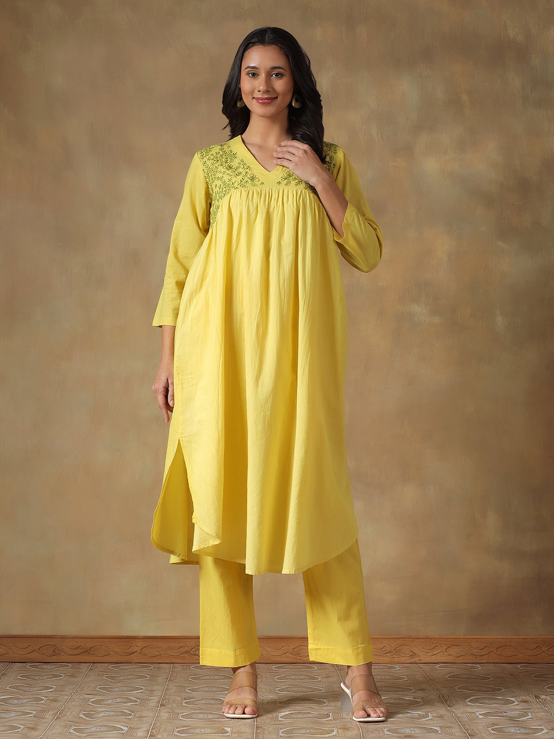 Yellow Cotton Chikankari Lucknowi Kurta Pant Set – Womens Kurta on Brown Living™. SKU: IHANKPS01SY. Img 6.
