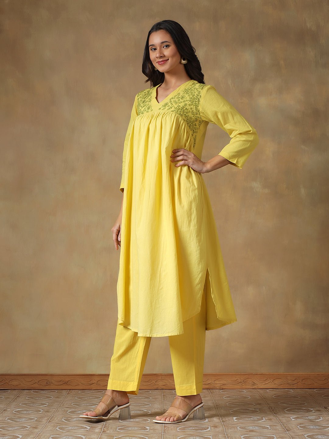 Yellow Cotton Chikankari Lucknowi Kurta Pant Set – Womens Kurta on Brown Living™. SKU: IHANKPS01SY. Img 7.