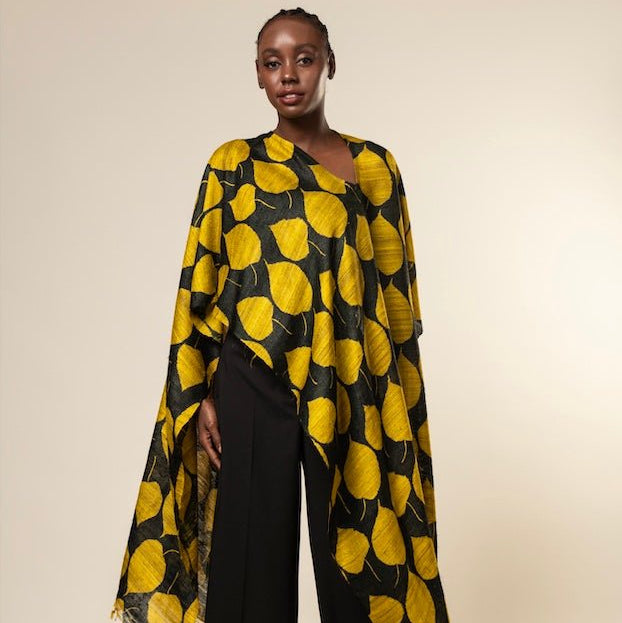 Yellow Leaf Tussar Peace Silk 3 in 1 Cape – Womens Kaftan on Brown Living™. SKU: NAECAP06. Img 1.