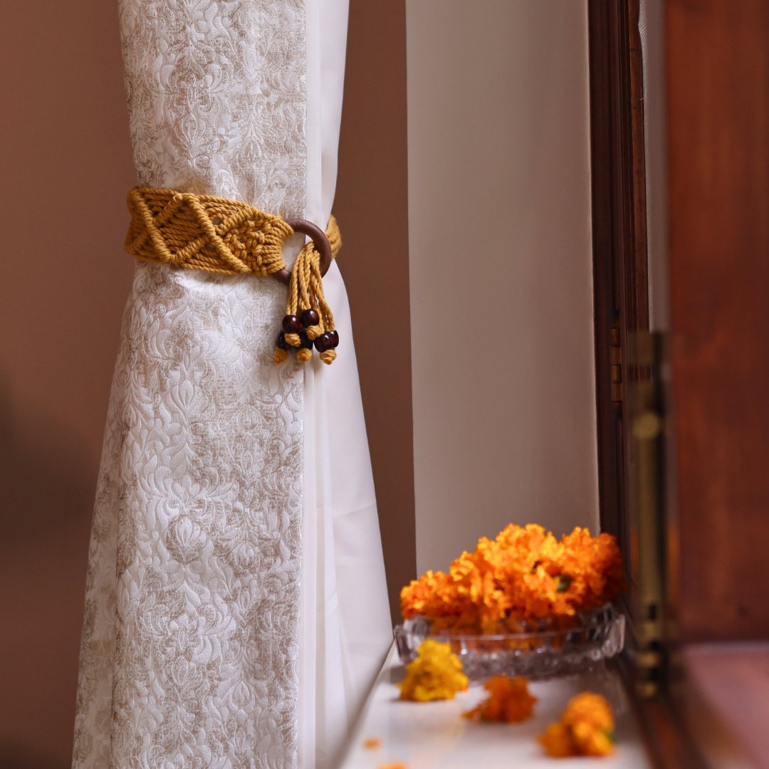 Yellow Macrame Ring Curtain Ties – Curtain Holdbacks & Tassels on Brown Living™. SKU: SAR145. Img 1.