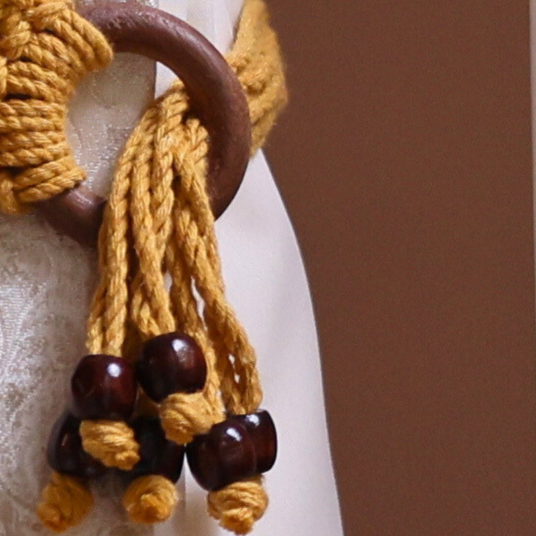 Yellow Macrame Ring Curtain Ties – Curtain Holdbacks & Tassels on Brown Living™. SKU: SAR145. Img 4.