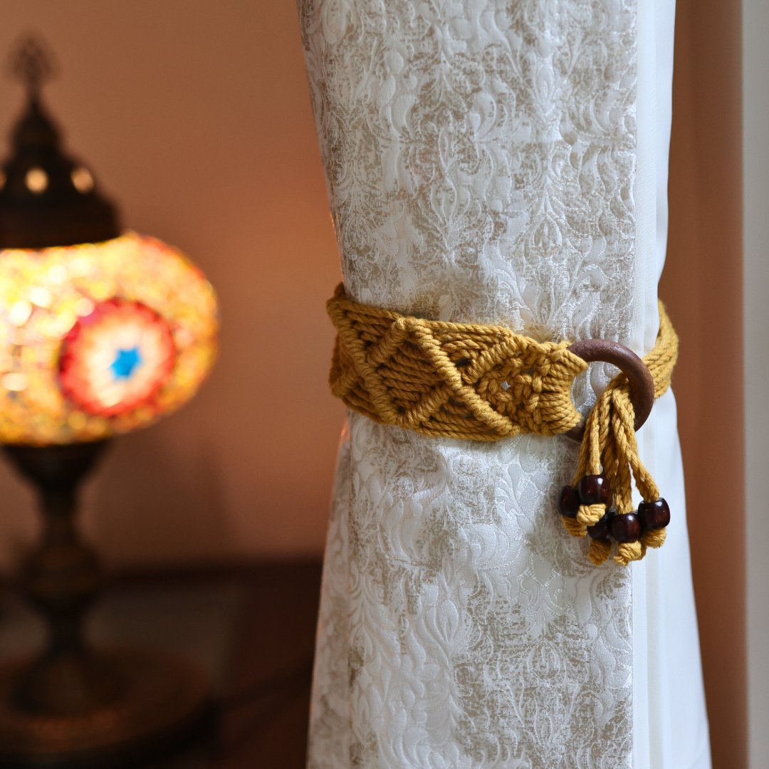 Yellow Macrame Ring Curtain Ties – Curtain Holdbacks & Tassels on Brown Living™. SKU: SAR145. Img 2.