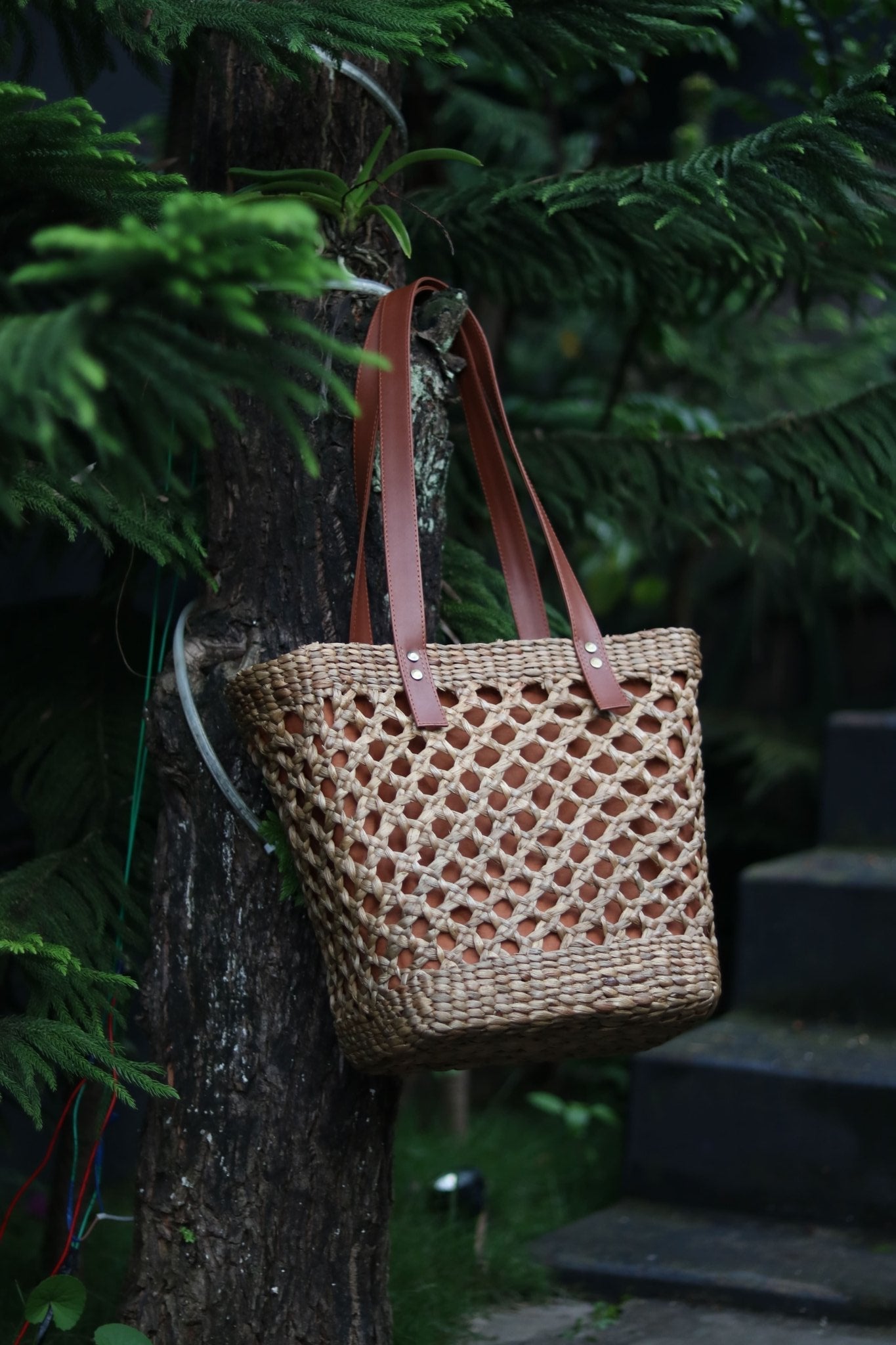 YILDIZ Wicker Tote Bag | Handwoven Natural Wicker Shoulder Bag – Handbags on Brown Living™. SKU: 427WD. Img 2.