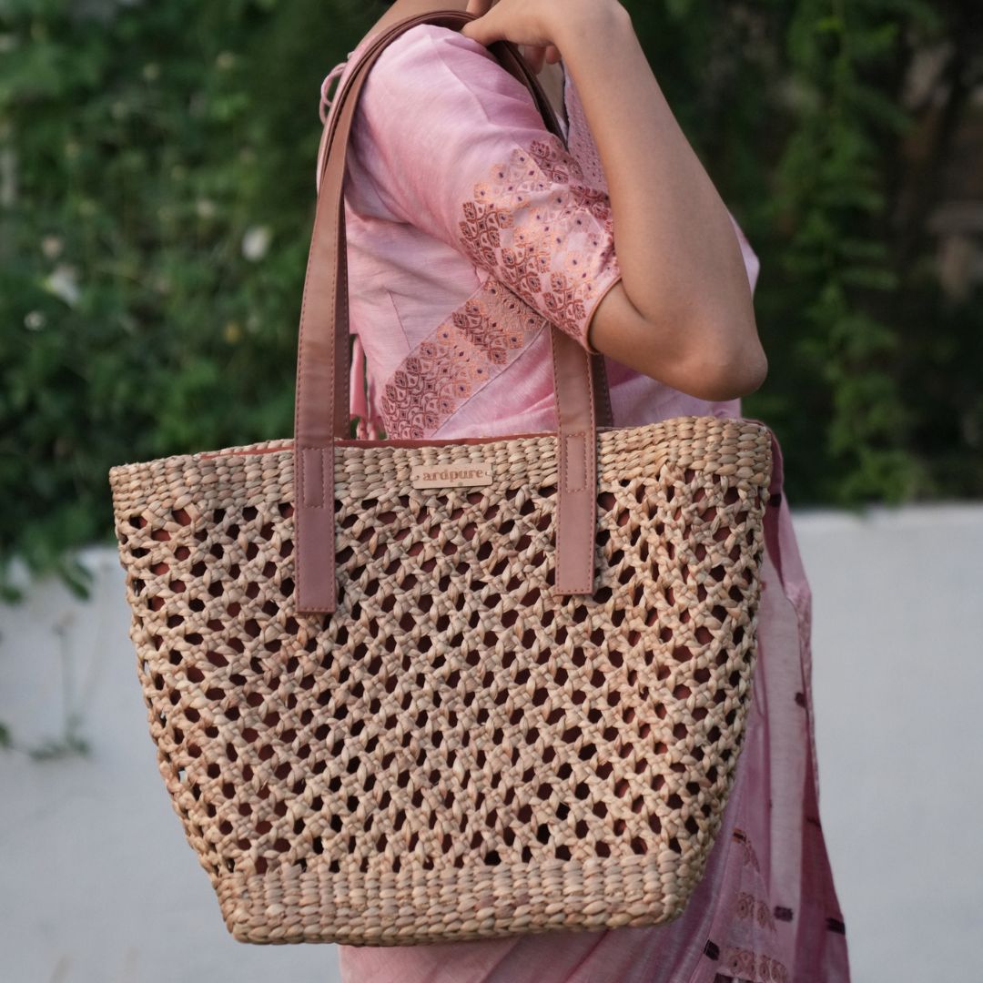 YILDIZ Wicker Tote Bag | Handwoven Natural Wicker Shoulder Bag – Handbags on Brown Living™. SKU: 427WD. Img 1.