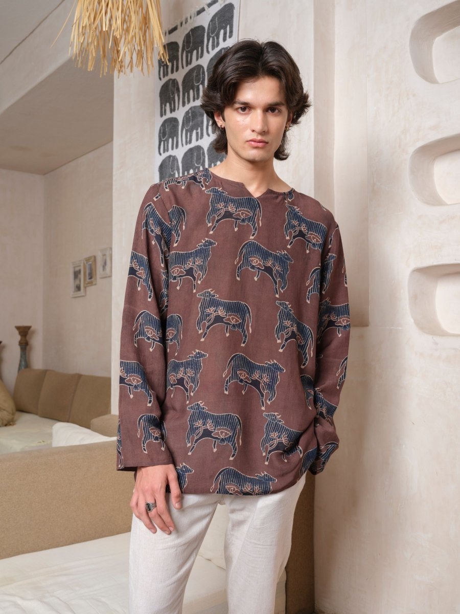 Yog - Brown Indigo Ajrakh Block Print Tunic Kurta | Organic Cotton – Mens Kurta by Vasudhaa Vastrram available on Brown Living™. S . SKU: VBLKF6S001M5007. Img 1.