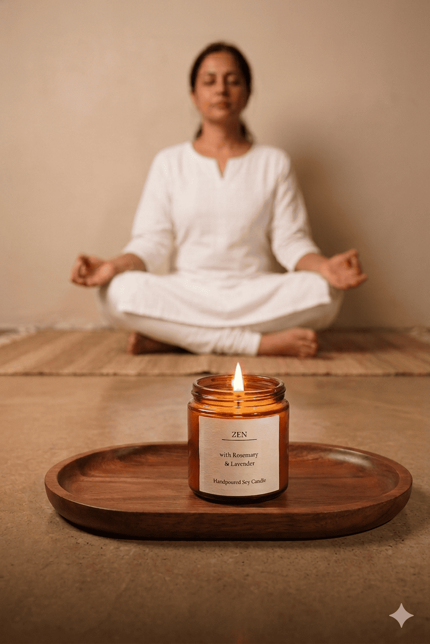 Zen Rosemary & Lavender Scented Candle - Focus & Clarity – Candles & Fragrances on Brown Living™. SKU: BGSC000006. Img 5.