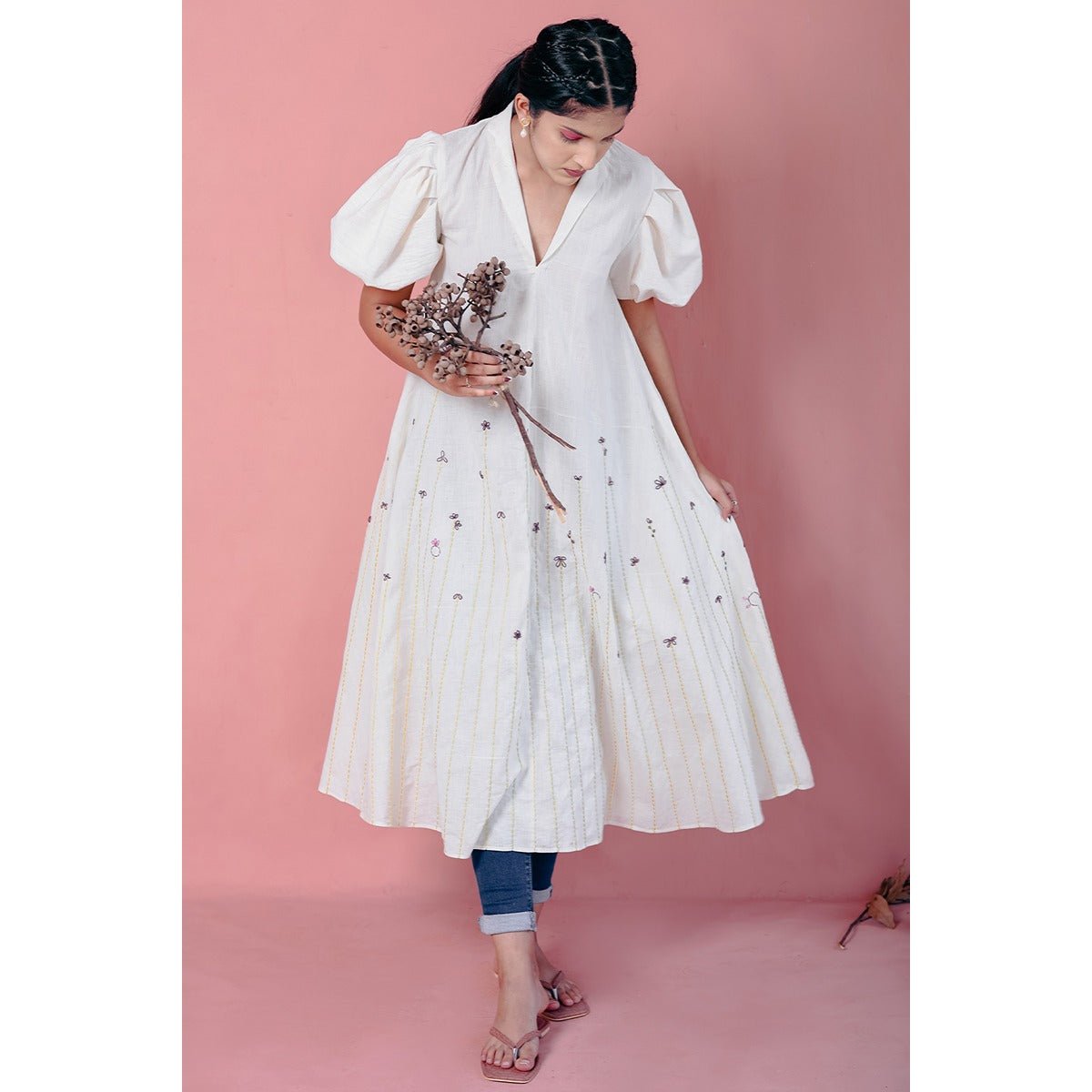 indian cotton dresses with sleeves Grey Pure Dress, Printed fit and flare Dress, Tiered Dress, Tra reflecting the beauty of Black Floral Chiffon Ruffle Pleated Stock:Made to Order