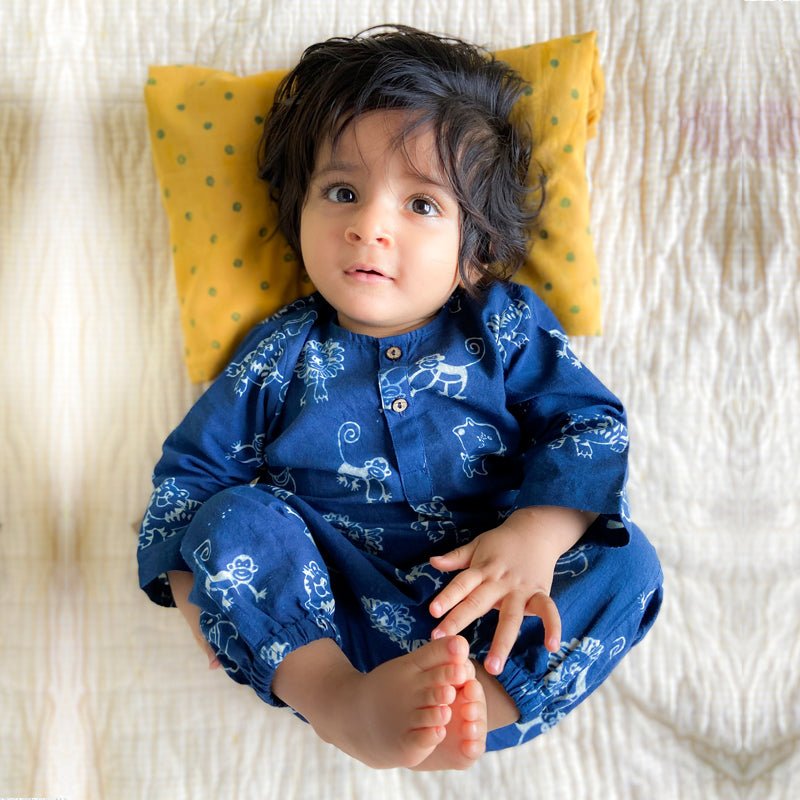 Zoo Print Indigo Kurta Set – Kids Daywear Sets by Whitewater Kids available on Brown Living™. 6 - 9 Months Indigo &Indigo. SKU: ZOO - ING - KURPJ - 69. Img 5.