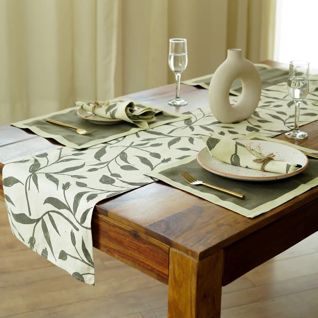 Screen Printed Table Runner - 100% Hemp - Light Green and Olive – Table Linens on Brown Living™. SKU: 271 - 2907 - 593 - PRA028TR. Img 1.