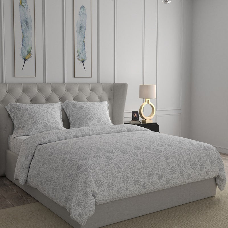 100% Pure Cotton Snow Flake White/Grey Bedsheet Set | Verified Sustainable by Brown Living™