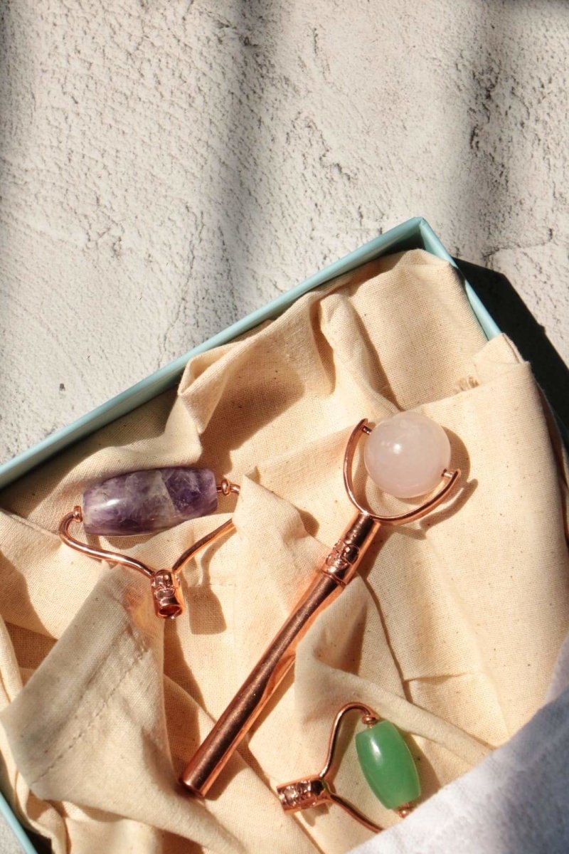 3 in 1 Facial Roller - Rose Quartz, Jade and Amethyst – Massager on Brown Living™. SKU: Lamina - 1. Img 2.