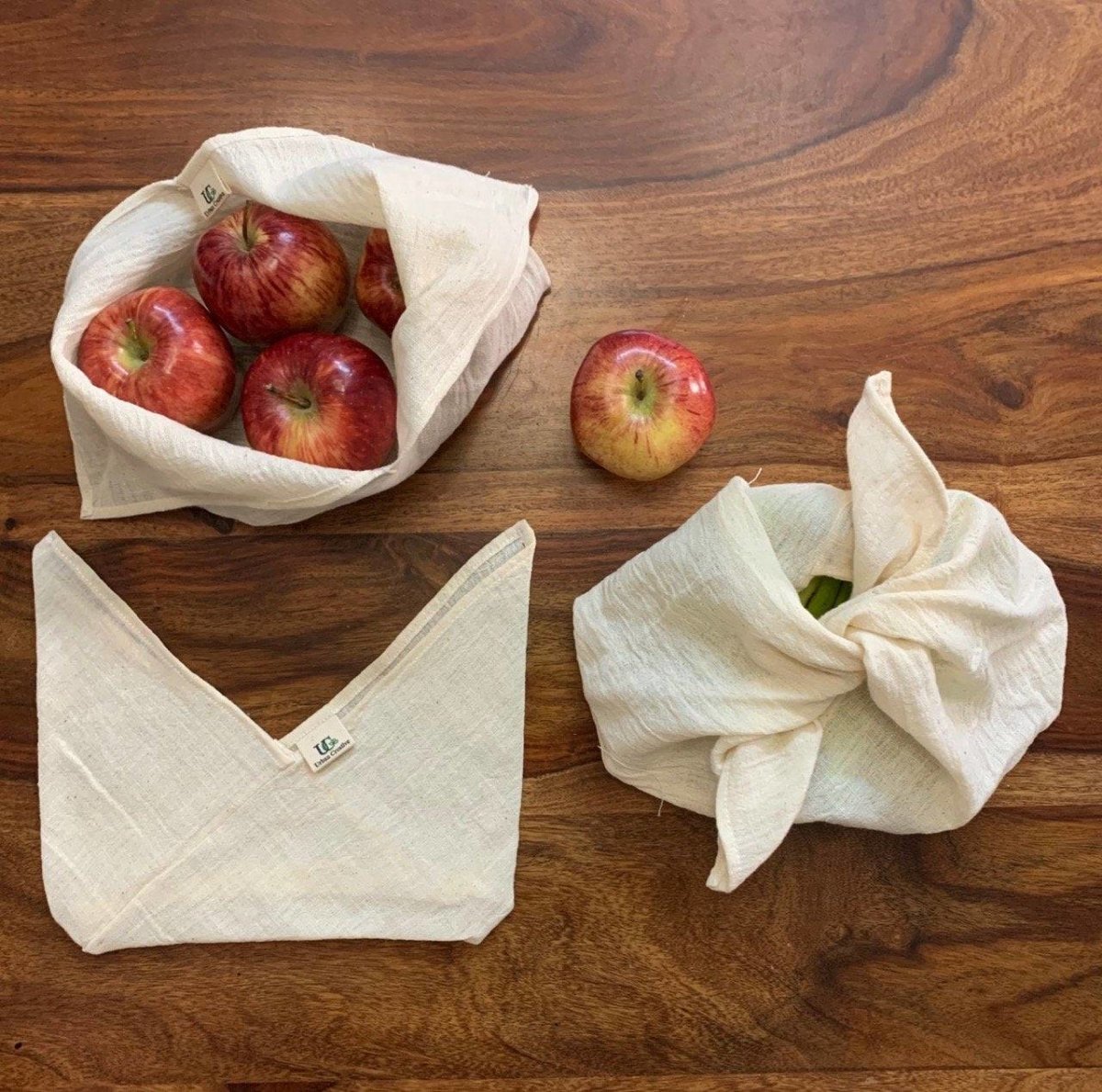 3 Organic Cotton Bento Bags for Veggies, Roti, Sprouting & Paneer – Fridge Vegetable Bags on Brown Living™. SKU: UC_Bento Bag_01. Img 1.
