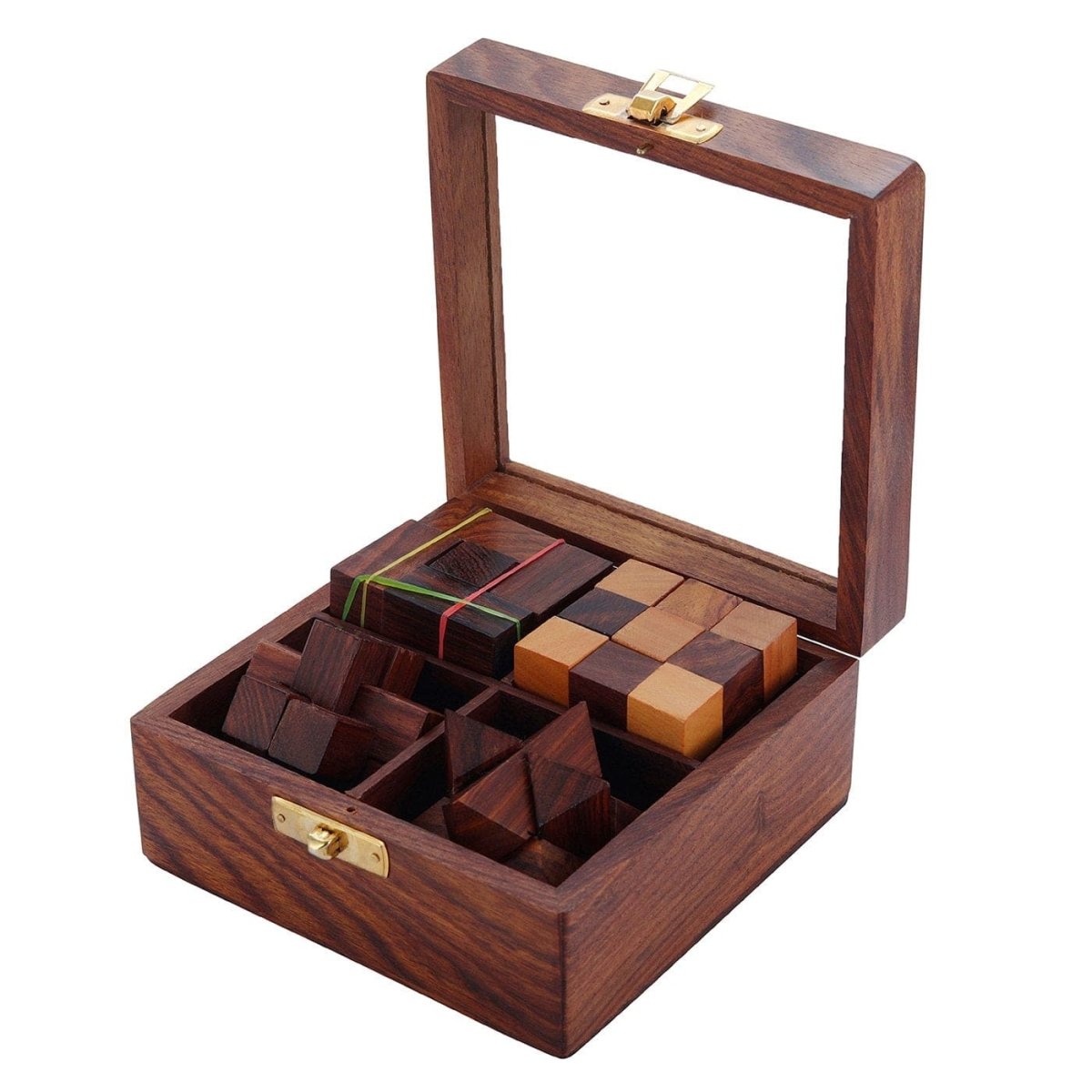 4 - in - One Wooden Puzzle Games Set | 3D Brain Teaser Game – Learning & Educational Toys on Brown Living™. SKU: 1003440. Img 1.