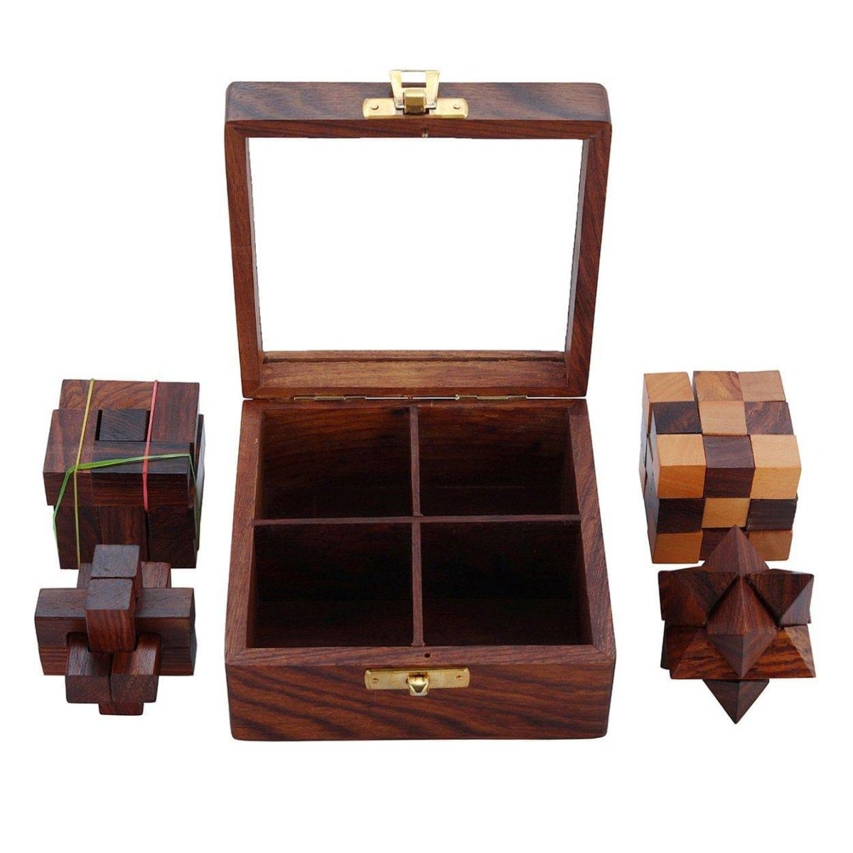 4 - in - One Wooden Puzzle Games Set | 3D Brain Teaser Game – Learning & Educational Toys on Brown Living™. SKU: 1003440. Img 3.