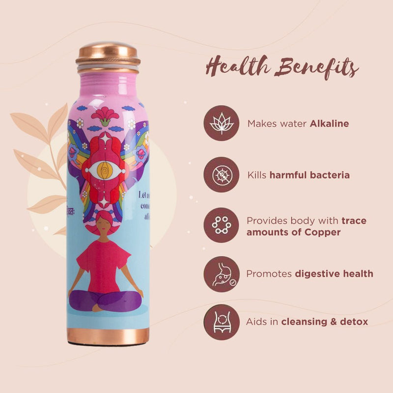 Buy Ayurvedic Copper Bottle with Yogic & Ethnic Indian Artwork - Pink Noble Thoughts | Shop Verified Sustainable Bottles & Sippers on Brown Living™