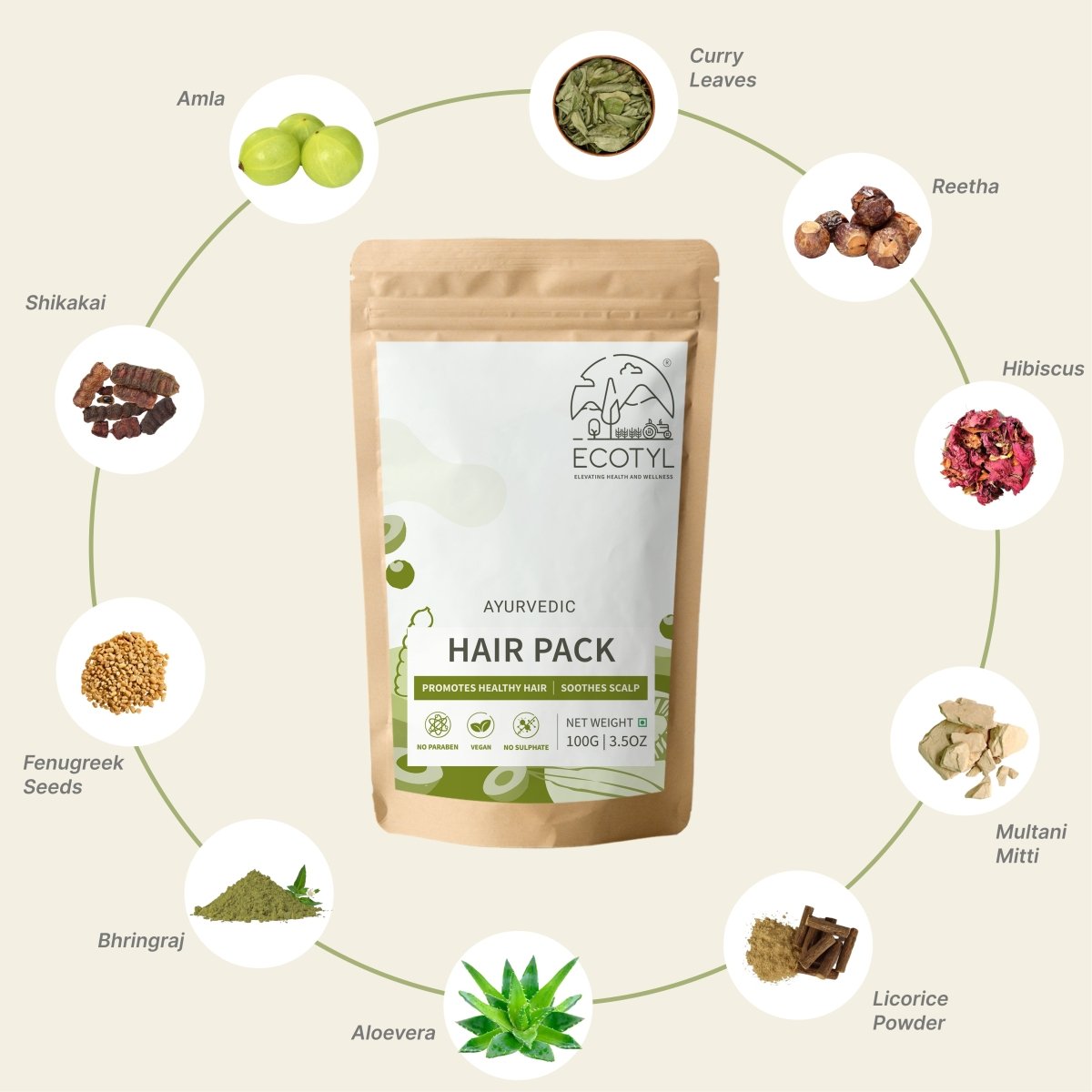 Ayurvedic Hair Pack - 100g | Hair Conditioning & Strengthening – Hair Pack on Brown Living™. SKU: ECOTYL00016. Img 2.