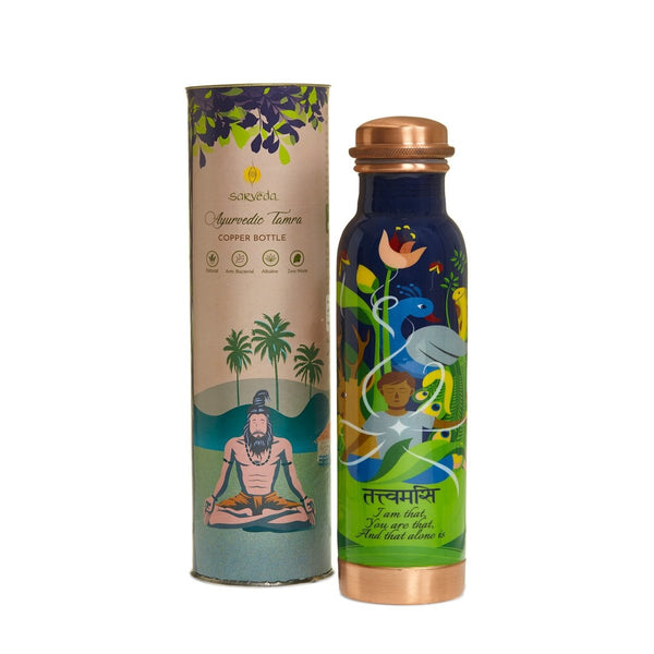 Buy Ayurvedic Pure Copper Bottle Handcrafted with Yogic Artwork - Tattvamasi | Shop Verified Sustainable Bottles & Sippers on Brown Living™