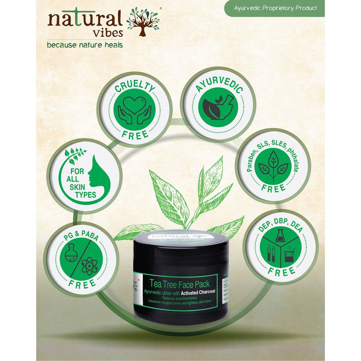 Ayurvedic Tea Tree and Activated Charcoal Face Pack 50g – Face Pack by Natural Vibes available on Brown Living™. . SKU: 063 - 01370 - NV_teatree_charcoal_pack_50g. Img 5.