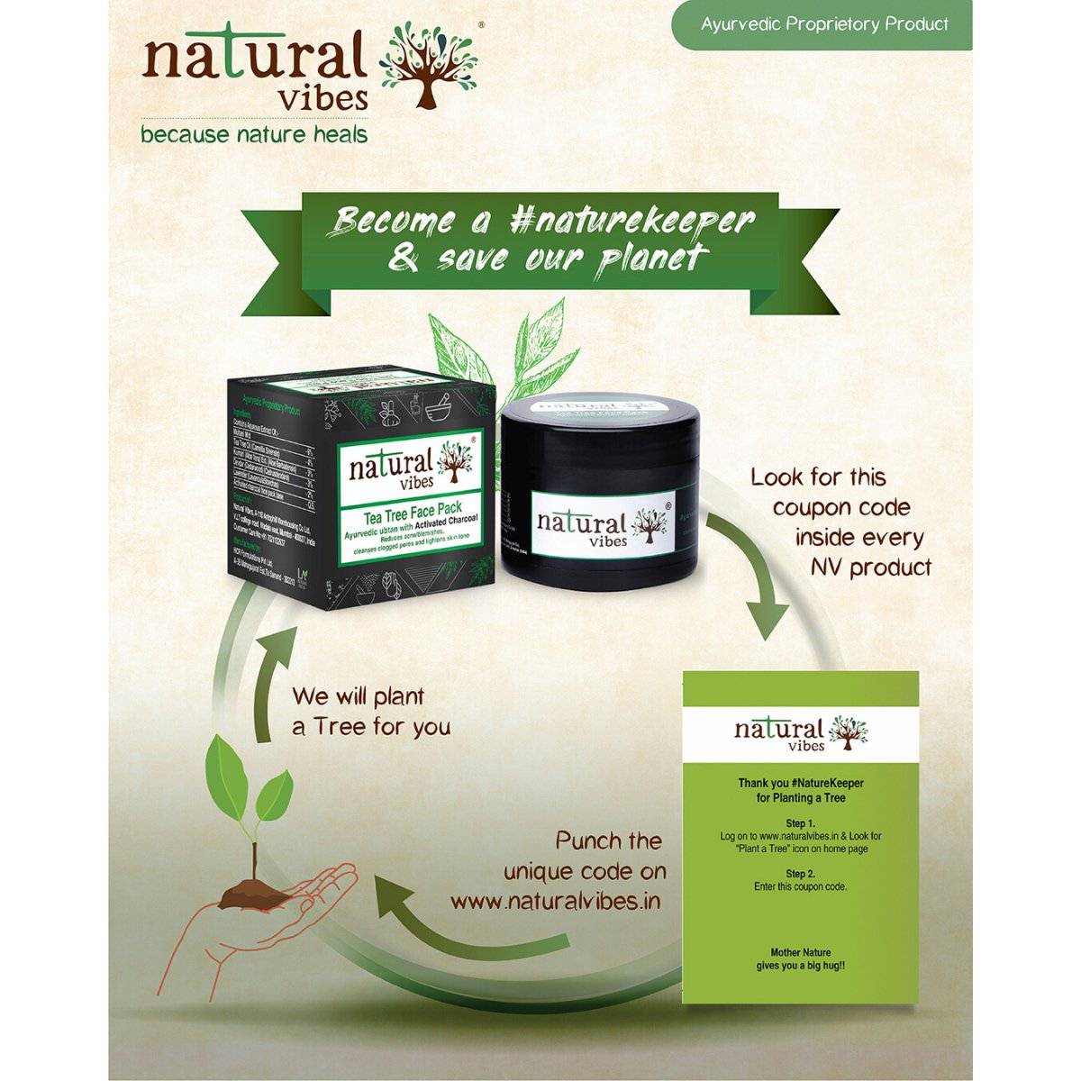 Ayurvedic Tea Tree and Activated Charcoal Face Pack 50g – Face Pack by Natural Vibes available on Brown Living™. . SKU: 063 - 01370 - NV_teatree_charcoal_pack_50g. Img 20.