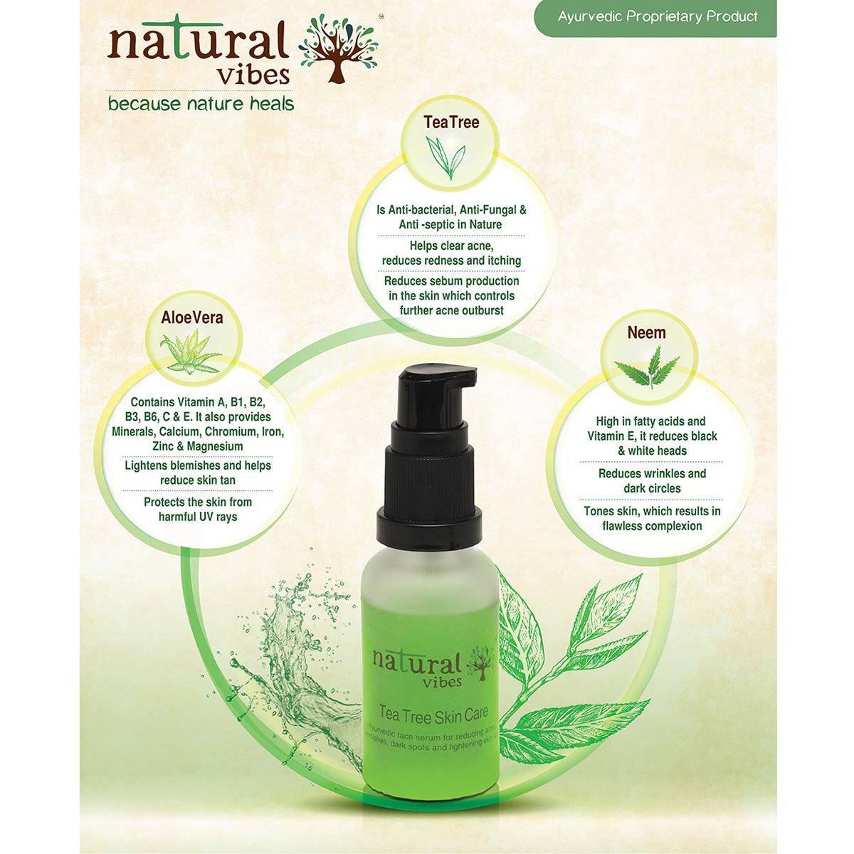 Ayurvedic Tea Tree Skin Repair Serum 30 ml – Face Serum by Natural Vibes available on Brown Living™. . SKU: 063 - 01365 - NV_teatree_skin_serum_30ml. Img 5.